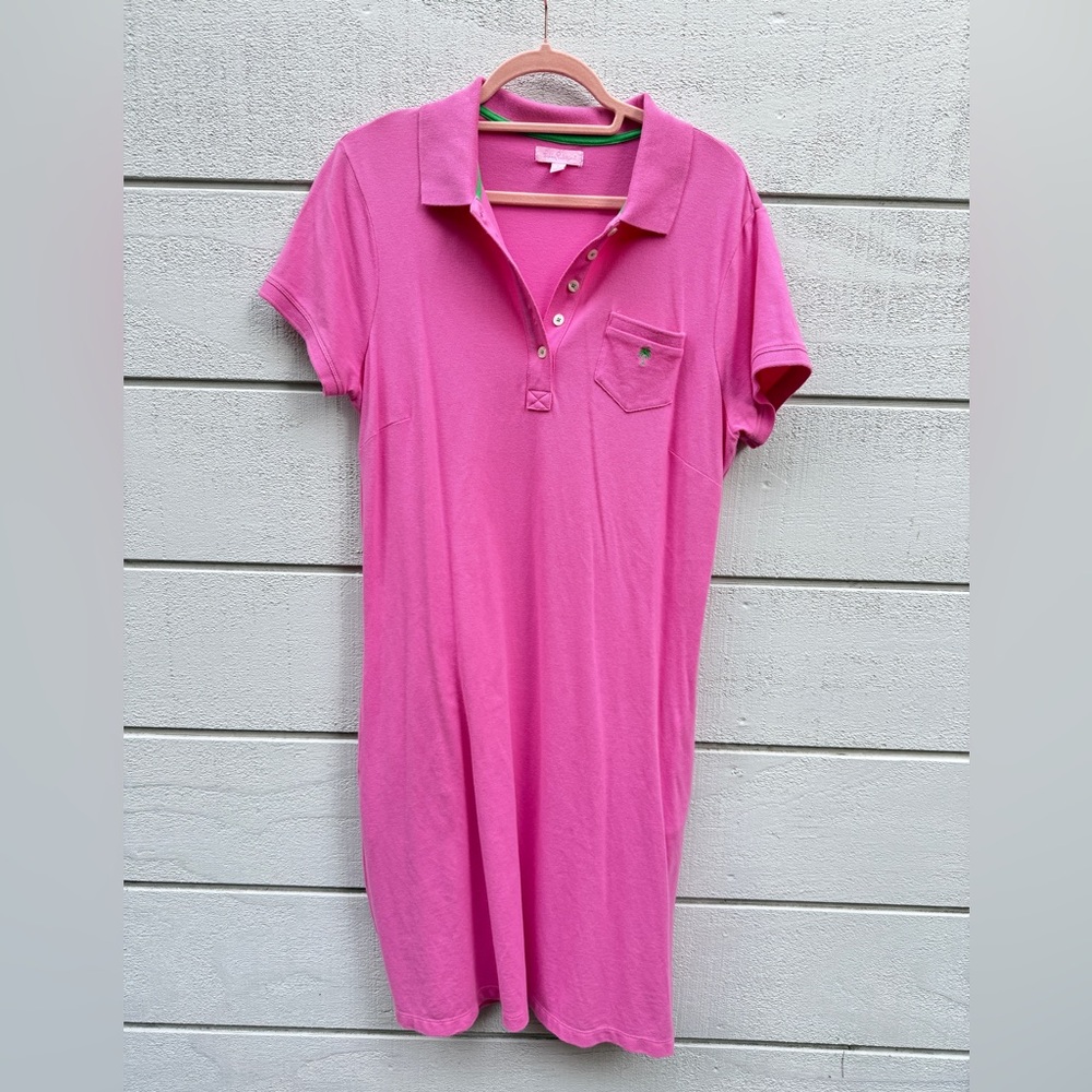 Lilly Pulitzer polo dress 95% Pima cotton PINK with palm tree pocket